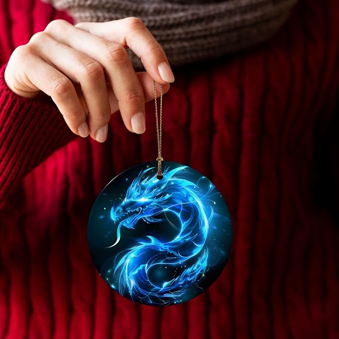 Glowing Ice Dragon Christmas Ornaments, Christmas Decorations Xmas Tree Hanging Ornaments, Round Ceramic Festive Keepsake Gift for Xmas Decorations Holiday Home Decor