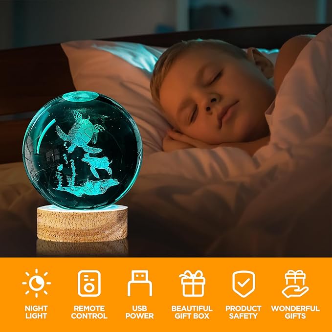 3D Crystal Ball Night Light - 3.15 inch Glass Ball with 16 Color Changing Wooden Base and Remote Control - Turtle Figurines Gift for Friends, Kids, Christmas, Birthday, Decor