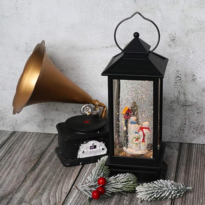 DRomance Snowman Music Snow Globe Lantern with Timer Battery Operated & USB Powered Lighted Singing Snow Globe Lamp Spinning Water Swirling Glitters Christmas Decor 4" x 4" x 12"