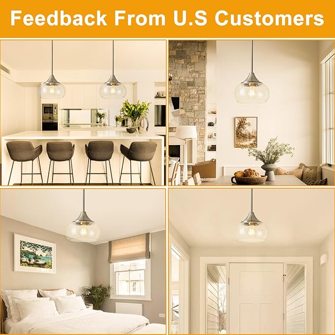 2 Pack Modern Pendant Lights Kitchen Island, Brushed Nickel Pendant Light Fixtures with 8.5" Clear Glass Shade, Industrial Hanging Pendant Lights Fixture for Kitchen Island Dining Room Entryway