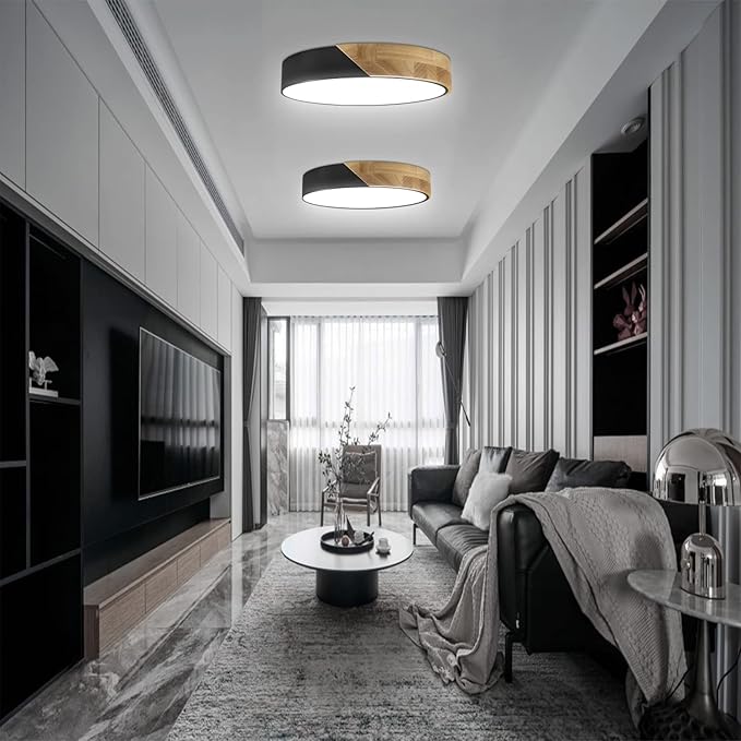 Led Ceiling Light Flush Mount: 12 Inch 24W Bedroom Light Fixture with Round Wood Modern Black Flat Overhead Minimalist Ceiling Lamps for Kitchen Hallway Laundry Cold White 6000K, Not Dimmable