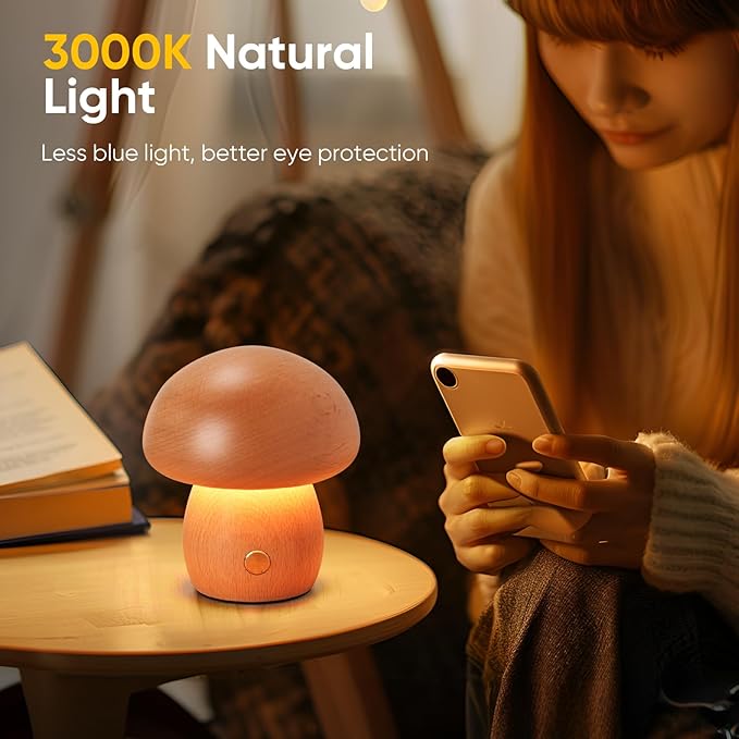 2 Pack Wooden Mushroom Lamp, Portable Cordless Small Rechargeable Battery Operated Lamp,Stepless Dimming, Night Light for Birthday Gifts
