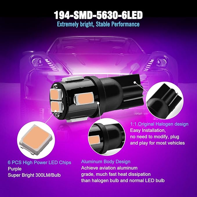 194 LED Bulbs Extremely Bright Purple 5630 Chipsets 168 2825 175 T19 W5W LED Replacement Bulbs for Car Interior Dome Map Door Courtesy Trunk License Plate Lights(Pack of 10)