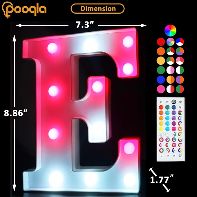 Pooqla Colorful Light Up Letters with Remote, Upgraded 35 Colors LED Marquee Letters, RGB Lighted Letter for Girls Teenager Gift Birthday Party Valentines Day Decorations Gift for Him Her, Letter E