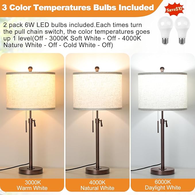 Table Lamps for Bedrooms Set of 2: 22" to 30" Height Adjustable Nightstand Lamps with White Linen Shade | Pull Chain Switch | Marble Base - 3 Way Dimmable Beside Lamp (Brown)