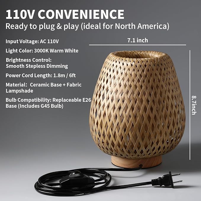 Table Lamp with Double Layer Woven Shade Wood Base,Desk Bedside Small Lamps with 6ft Power Cord, 110V Plug, Dimmable E26 Socket (Bulb Included) for Living Room Night Stands Bedroom