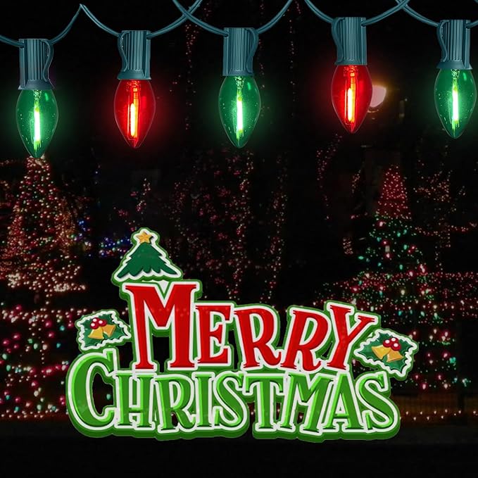 25FT C7 Christmas Lights Outdoor, Red Green Classic 2-Color LED String Lights for Roof, Fence, Tree, Traditional Holiday Decor