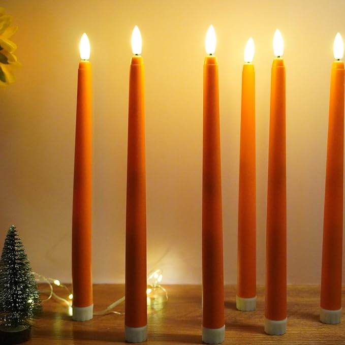 Orange Flameless Taper Candles with Remote, Fall LED Candlesticks Battery Operated Flickering Set of 6