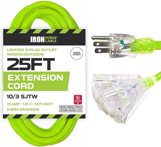 Iron Forge Cable 3 Outlet 10 Gauge Extension Cord 25 ft, 10/3 Heavy Duty Extension Cord with Multiple Plugs 3 Prong, SJTW Weatherproof Outdoor Power Cable Multi Outlets for Major Appliances