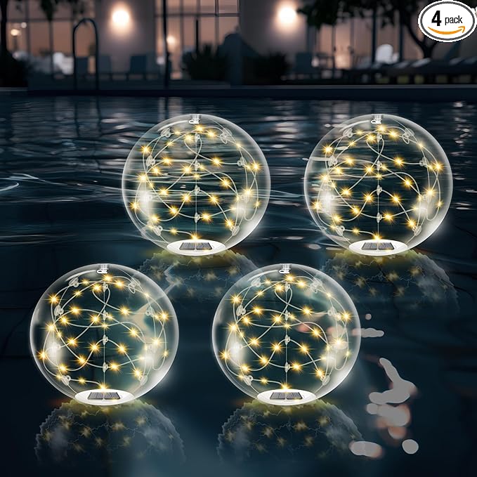 Floating Pool Lights Solar Powered,14 Inch 3000K Warm White Inflatable Glow in The Dark Balls,IP68 Waterproof Led Light up for Inground Pool,Christmas Decorations Outdoor Ornaments