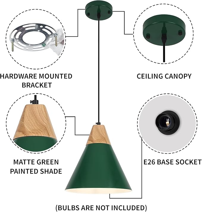Farmhouse Pendant Light, 9.4inch, 2 Packs- Green Industrial Kitchen Pendant Lights, Pendant Lights Kitchen Island, Pendant Light for Bedroom, Office, Kichen Sink, Library