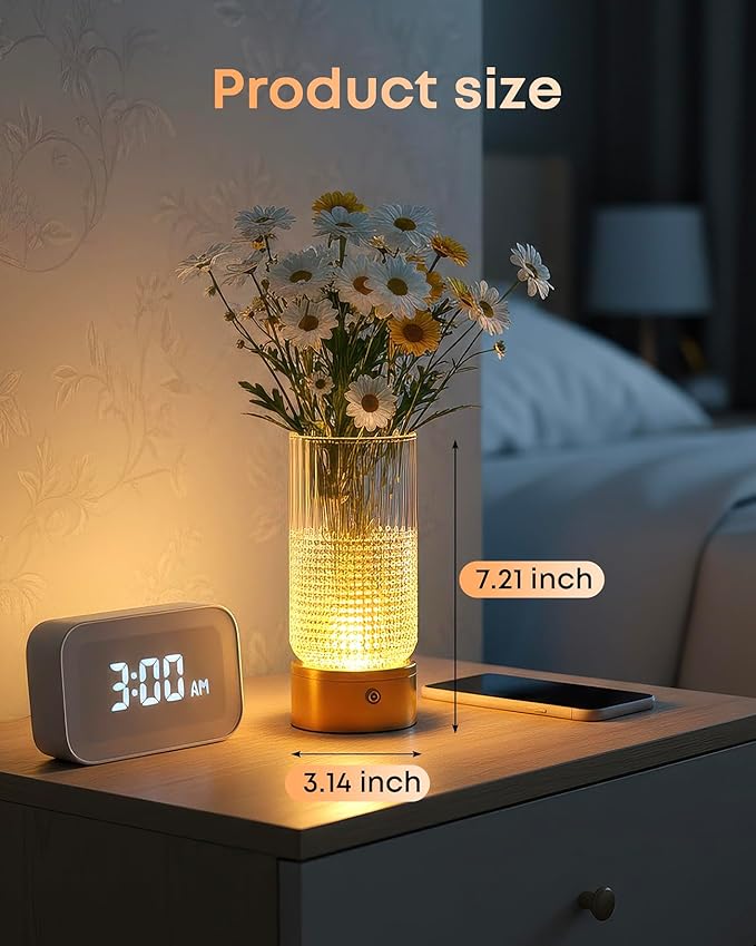 2 in 1 Rechargeable Bedside Lamp & Flower Vase, 3 Color Dimmable Touch Control Cordless Table Lamp, 3600mAh Battery Operated Decorative Lamp for Bedroom Living Room Wedding, Copper Finish