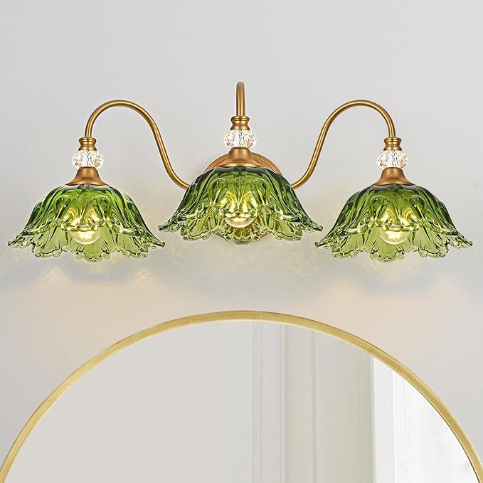 Vintage Bathroom Vanity Light, 3-Light Matte Brass Finish Vanity Light with Floral Green Glass Shades, Retro Wall Sconce for Bathroom, Dressing Table
