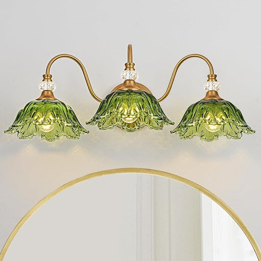 Vintage Bathroom Vanity Light, 3-Light Matte Brass Finish Vanity Light with Floral Green Glass Shades, Retro Wall Sconce for Bathroom, Dressing Table