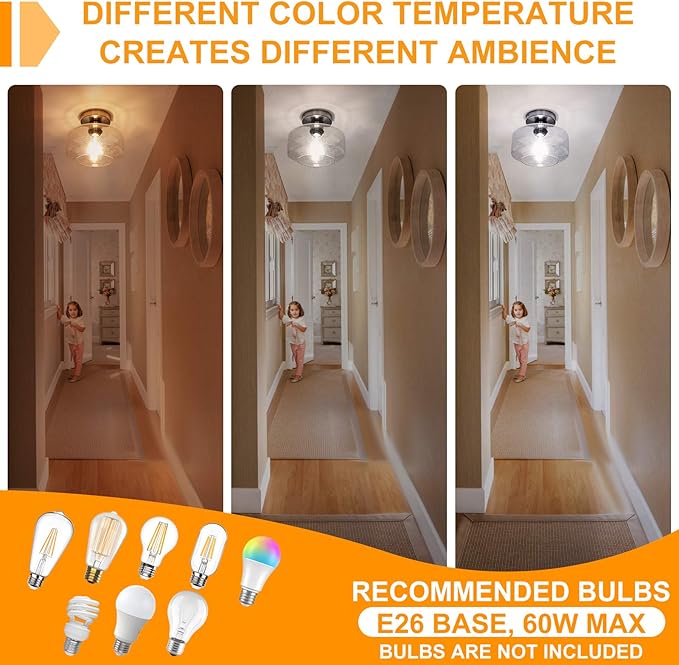 SunRider Semi Flush Mount Ceiling Light Fixtures, Brushed Nickel Industrial Seeded Glass Lamp, Silver Ceiling Light for Kitchen Hallway Porch Bedroom