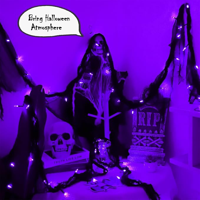 Halloween Decorations Purple String Fairy Lights Indoor, 30LED Black Gauze Halloween Garland, Timer 8 Mode Battery Operated Powered, 9.9Ft Creepy Cloth, Gothic Party Room Mental Fireplace Decor 1PACK