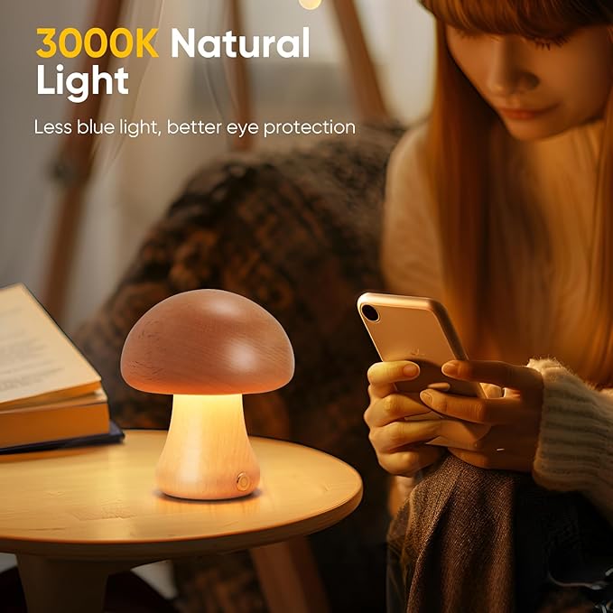 Creative Wood Mushroom Table Lamp, Portable Cordless Small Lamp, Rechargeable Battery Operated Lamp,Stepless Dimming, Night Light for Birthday Gifts, Creative Home Decor Unique House Gift