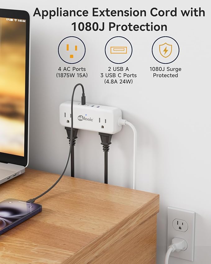 Short Extension Cord 2 Foot - Appliance Surge Protector Small Power Strip, 14 Gauge Heavy Duty Extension Cord with 4 Outlets 5 USB, High Wattage for Microwave, Workbench, Kitchen, Garage Must Have