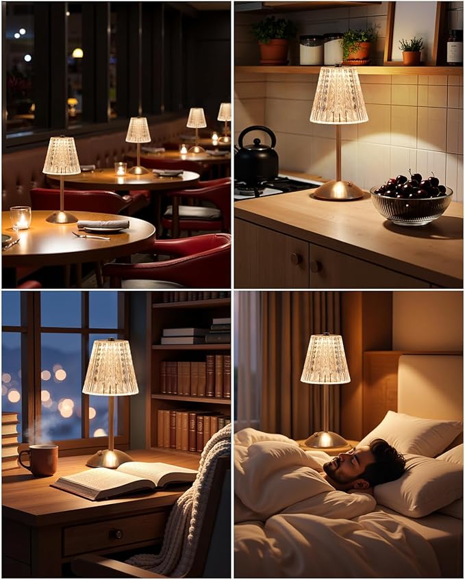 Cordless Touch Table Lamp, LED Rechargeable Small Dask Lamp, 3 Colors Dimmable Battery Operated Crysta Lamp for Bedroom Restaurant Kitchen Home Decor, Gold, 2pcs (2, Silvery)