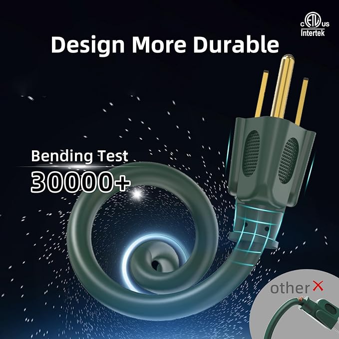 50FT 16/3 Gauge Green Outdoor Extension Cord Waterproof Light Duty, 3 Prong Cold Weatherproof -40℉ Flexible Power Cord, 13A 1625W SJTW ETL Listed for Lawn Mower, Christmas Lights, Tools