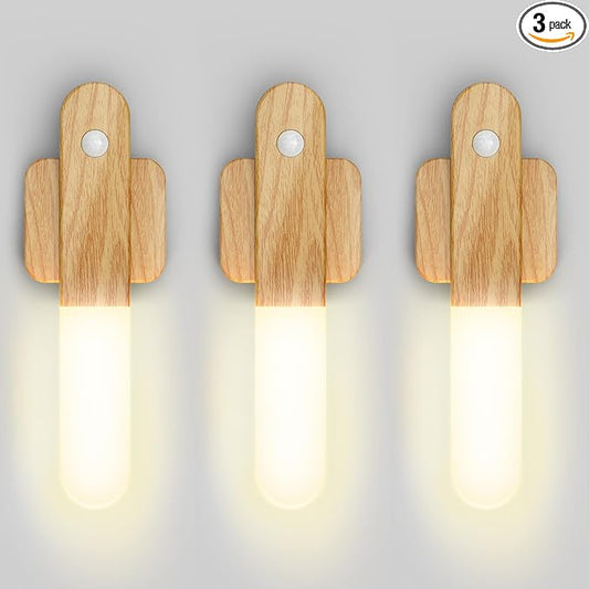 iThird Motion Sensor Light Indoor - Wireless Wall Light, lumi Light, Magnet Rechargeable Wall Sconces, Portable Night Lights, LED Lights for Closet, Bathroom (Beech 3PCS)