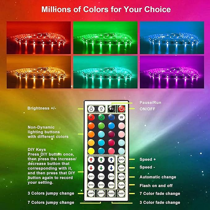 CHARKEE LED Strip Lights 130ft (2 Rolls of 65.6ft) Ultra Long RGB Color Changing LED Light Strips Kit with 44Keys Remote for Bedroom, Kitchen, Home Decor, Room, Dorm Room, DIY Mode