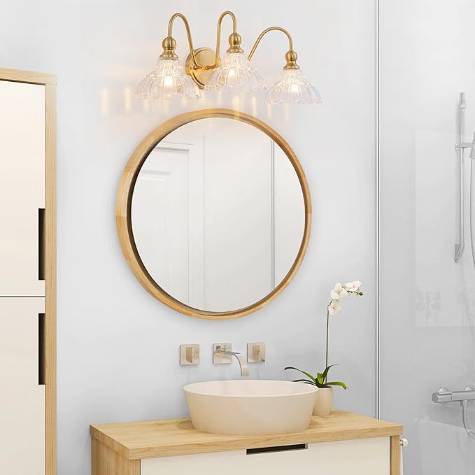 Vintage Bathroom Light Fixtures Over Mirror, 3-Light Brass Wall Sconce Lighting with Flower Glass Shade, Farmhouse Vanity Lights for Bedroom Kitchen Living Room Hallway Light