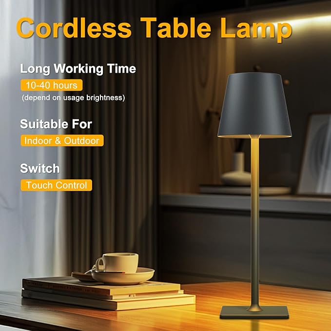 2 Pack Rechargeable Table Lamp - Cordless LED Lamp with 6000mAh Battery Operated LED Desk Lamp, Portable Table Light Outdoor for Dinner Patio Restaurant Bar Bedroom Coffee Shop Night Light(Black)