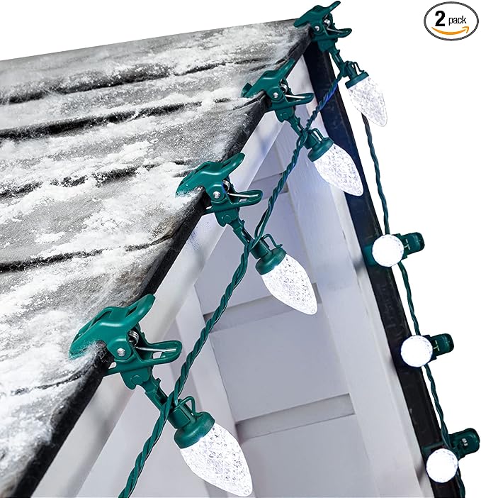 C9 LED Christmas Lights Outdoor, 66 Feet 100 LED C9 String Lights with 100 Spring Clips, Waterproof Connectable Christmas Tree Lights for Outside Roofline Patio Home Xmas Decor, Pure White 2 Pack