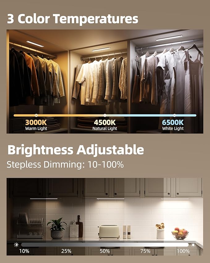 10inch Under Cabinet Lighting Wireless, 3-Pack Rechargeable Battery Motion Sensor Light Indoor, LED Closet Lights USB Charging,3 Color Dimmable Under Cabinet Lights for Kitchen, Cabinet, Wardrobe