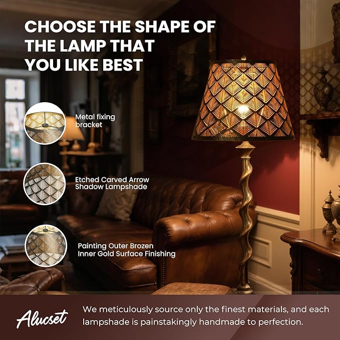 ALUCSET Small Barrel Lamp Shade, Metal Etched Arrow Lampshade Replacement for Table Lamps and Wall Lights, 6'' Top 10'' Bottom 7.5'' Height, Antique Bronze Exterior Gold Interior