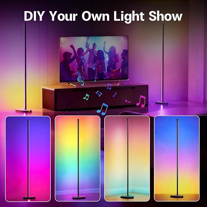 RGBICWW Corner Floor Lamp,3000 Lumen Smart Modern Floor Lamp with 16 Million DIY Colors and App & Remote Control with Music Sync Color-Changing Ambient Lighting for Living Room Lighting, Party