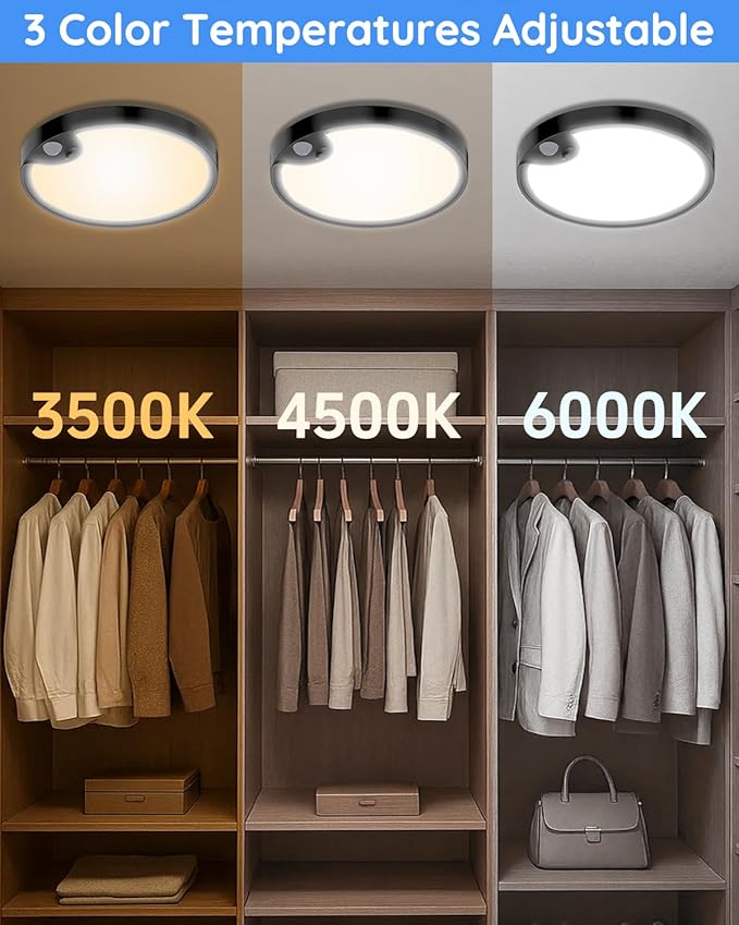 TOOWELL Waterproof Shower Light Indoor - Rechargeable Motion Sensor Ceiling Light, 3CCT Closet Light Battery Operated, Wireless Overhead Sensor Light for Shower Closet Pantry Hallway