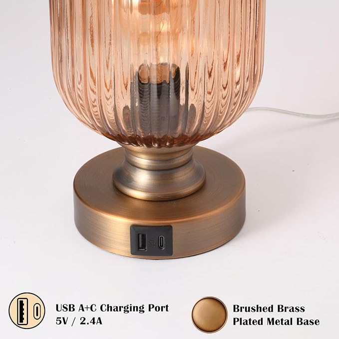 Mid Century Glass Table Lamp,Dimmable Desk Lamp,LED Bulb Included,Touch Control & USB A+C Port,Cognac Amber Ribbed Glass