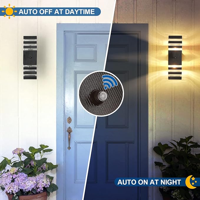 Dusk to Dawn Sensor Outdoor Wall Lights Up Down Porch Lights Modern Exterior Light Fixtures Photocell Waterproof Black Aluminum Housing for Front Porch, Patio, Garage (Use Two E26 Bulbs)