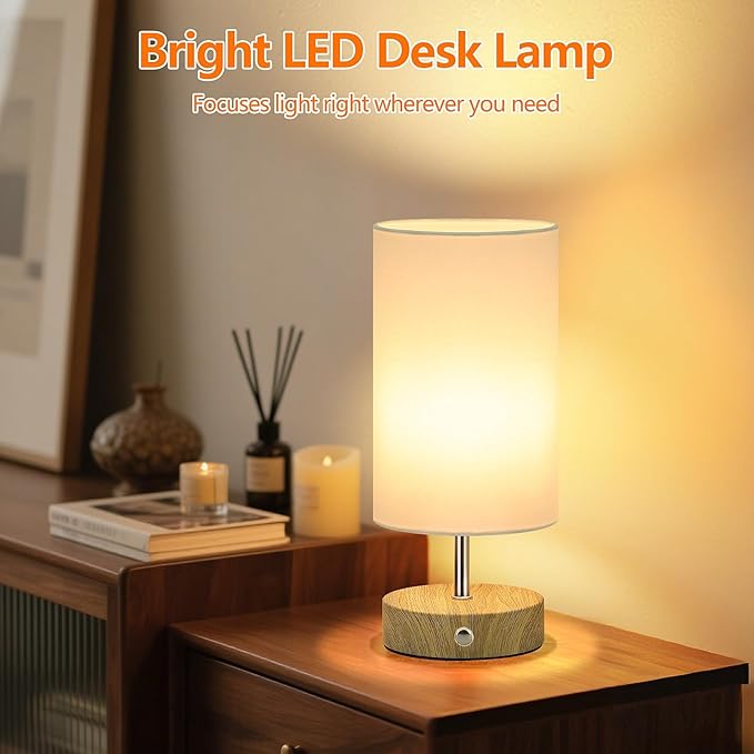 2-Pack Rechargeable Table Lamps, Cordless Bedside Lamps with Stepless Dimming, Portable 6000mAh Battery Operated LED Desk Lamps, Wireless Lamps with Wood-Grain Base, Modern Night Light for Bedroom