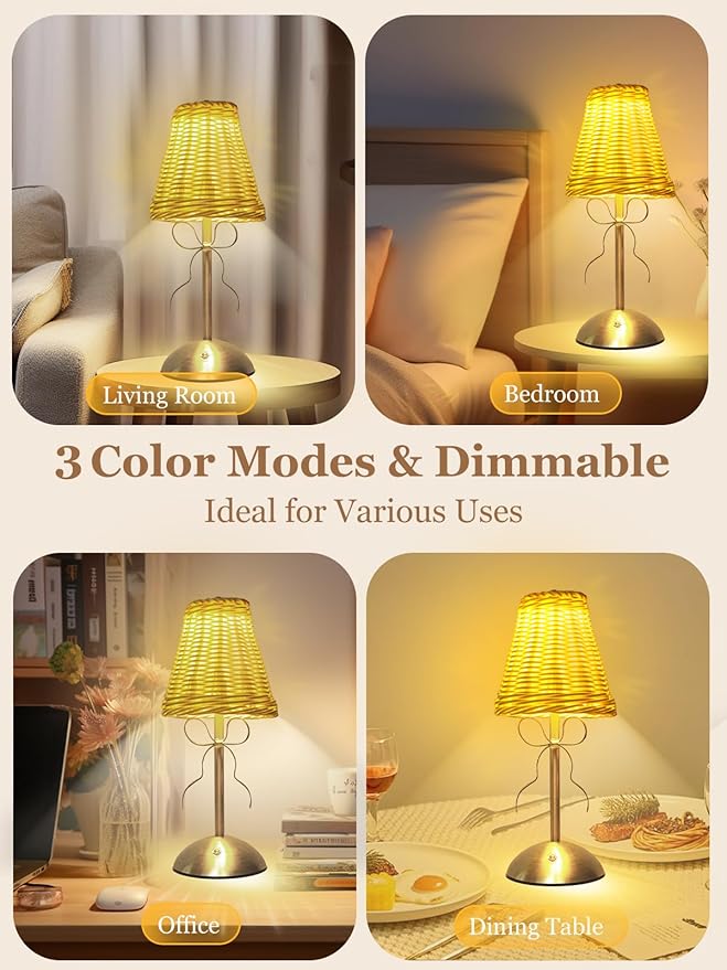 Boho Bow Rattan Table Lamp, Cordless Wicker Woven Vintage Table Lamp - LED Rechargeable Touch Control 3 Color Dimmable Reading Bedside Lamp for Bedroom Living Room Office, Home Outdoor Decor