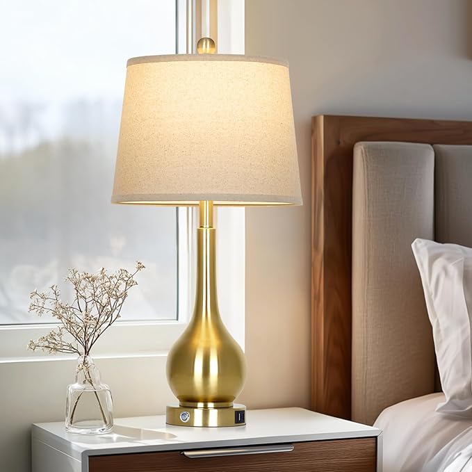 26" Gold Table Lamps Set of 2 for Living Room, Touch Control Bedroom Lamps for Nightstand, 3-Way Dimmable Bedside Lamp with USB A+C Port (2 LED Bulbs Included)