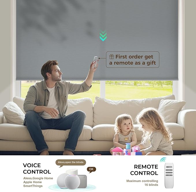HeyBlinds Motorized Roller Shades, Smart Blinds for Windows, Remote Automatic Window Shades, Electric Shades, Light Filtering, Compatible with Alexa Google Apple Home (Simply-Smoky Gray LF)