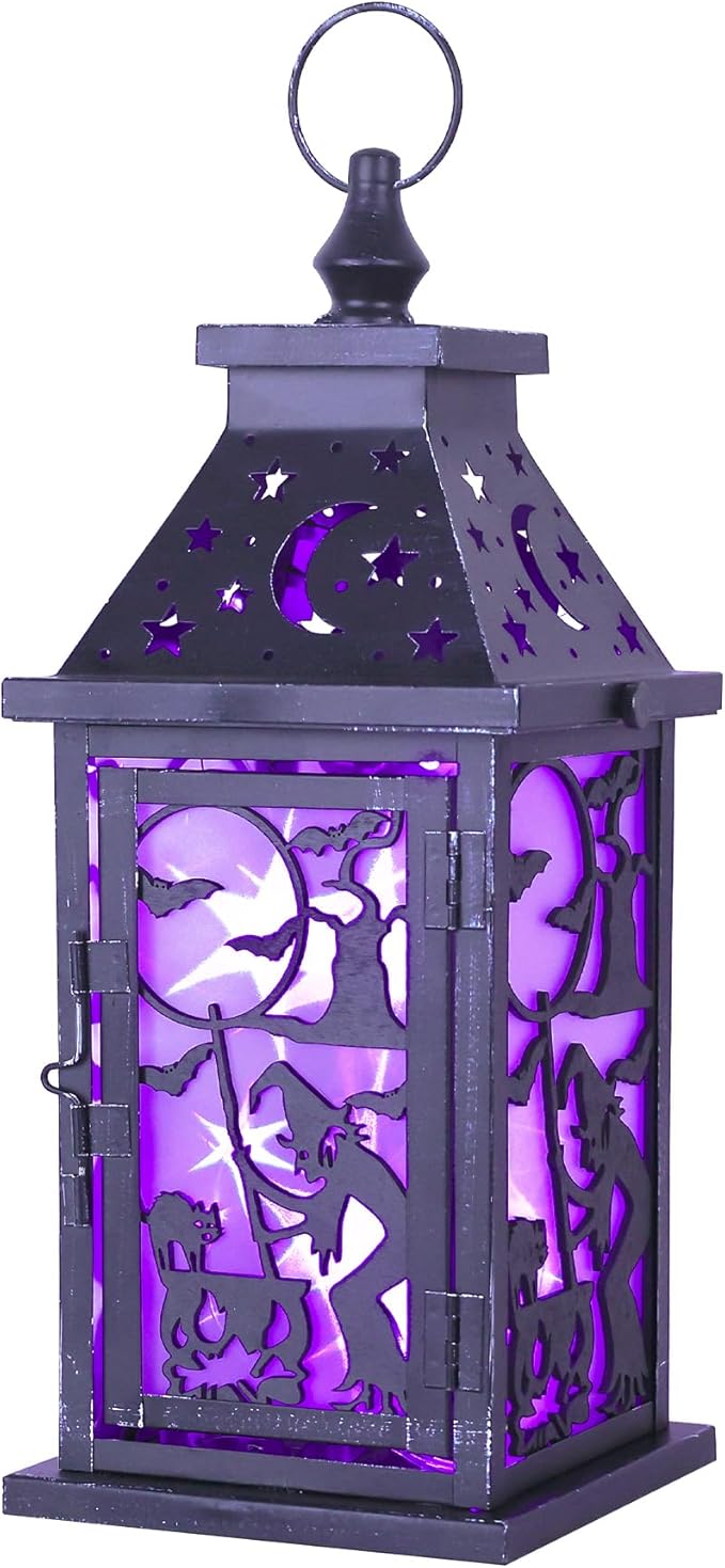 DECORKEY Halloween Decorations Indoor, 14.9" Decorative Witch & Bat Candle Lantern with 82" LED Lights(8 Modes; No Battery), Hanging Spooky Halloween Lanterns, Outdoor Home Room Door Party Decor
