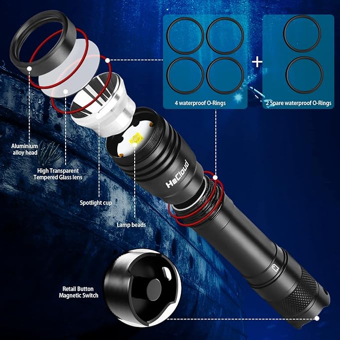 3000LM Scuba Diving Flashlight with Rechargeable Dive Light Underwater Flashlight 328ft IPX8 Waterproof 4 Modes Scuba Safety Light with Charger for Submarine Deep Sea Snorkeling