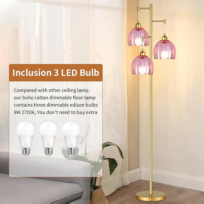 Dimmable Floor Lamps for Living Room-3 Light Gold Vintage Floor Lamp with Glass Lampshape & Three Bulbs,Modern Mid Century Standing Lamp Green Flower Tall Tree Floor Lamp for Bedroom Corner