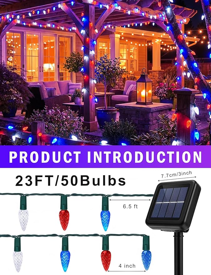 2 Pack 4th of July Decorative Lights Outdoor C6 Strawberry String Lights Red White Blue Fairy Lights 50 LED Solar Operated Rechargeable Garden Lights for Christmas Tree Arbor Decor