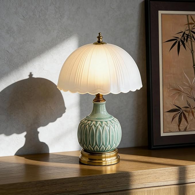 Ceramic Pattern Table Lamp with Frosted Glass Lampshade, Desk Bedside Small Lamps with 6ft Power Cord for Living Room Night Stands Bedroom (Bamboo Leaf)