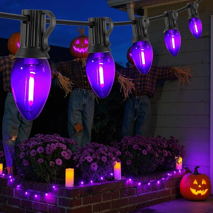 12FT Purple Halloween Lights Outdoor, C7 LED String Lights Plug in with Black Wire for Porch Railing, Walkway, Fence, Energy Saving
