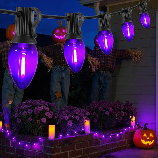 12FT Purple Halloween Lights Outdoor, C7 LED String Lights Plug in with Black Wire for Porch Railing, Walkway, Fence, Energy Saving