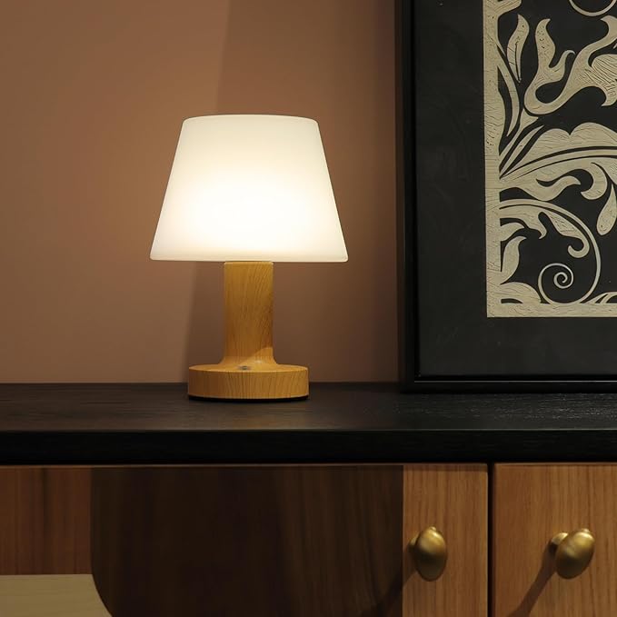 Small Mushroom Table Lamp, Cordless Night Light with 2600mAh Rechargeable Battery, Stepless Dimming Desk Lamp with 3 Colors for Bedroom/Patio/Living Room (Wooden-2)