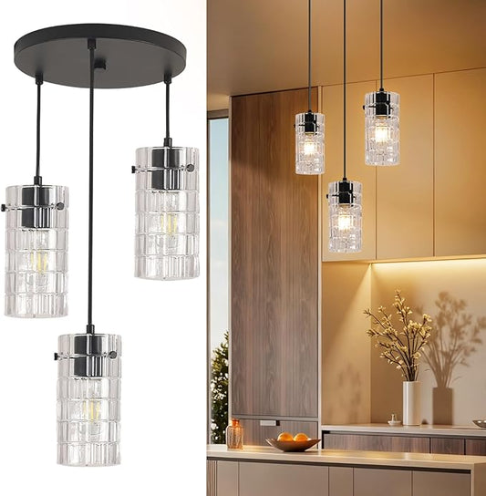 Black Glass Pendant Lights, Pendant Light Fixtures, Pendant Lights for Kitchen Island Living Room,with Meatel Adjustable Hanging Rod,(3 Lights)