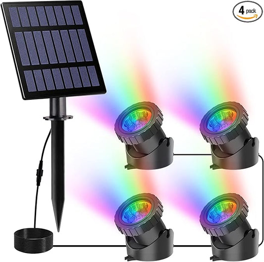 Solar Pond Lights,Super Bright RGB LED Underwater Spotlights Color Changing Submersible Pond Light IP68 Waterproof Fountain Lights for Fish Aquarium Tank Garden Yard Pool (4-in-1)