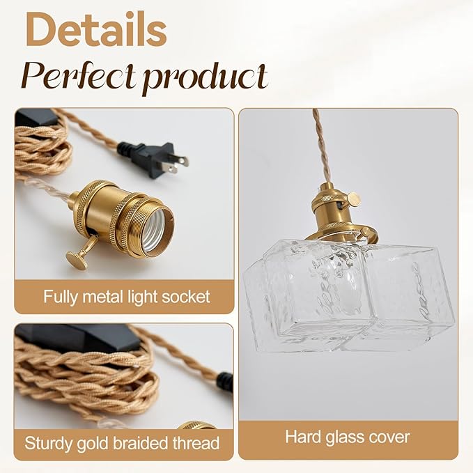 Plug in Pendant Light for Ceiling, 7.09 Inch Vintage Light Fixtures Clear Glass Lampshade Hanging Lights with Plug in Cord Two Ways Switches Industrial Pendant Lights for Bedroom Living Room